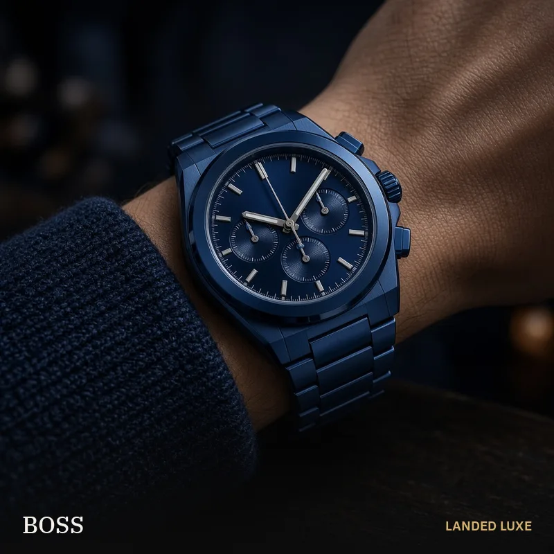 Illustrative scene for BOSS Hero Men’s 43mm Chronograph Watch, Blue – not the actual product