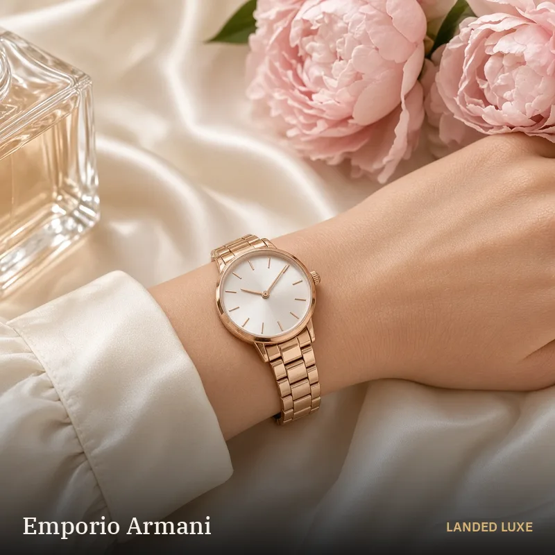 Illustrative scene for Emporio Armani Gianni T-Bar Women’s 32mm Rose Gold-Tone Watch AR11446 – not the actual product