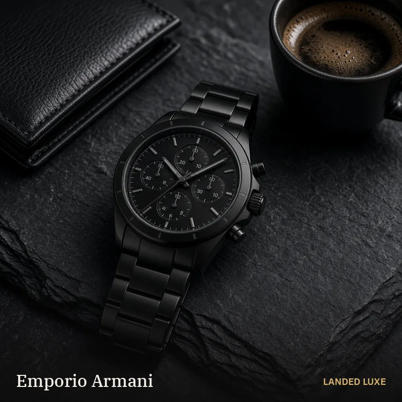 Illustrative scene for Emporio Armani Renato Men’s 43mm Black Chronograph Watch AR2453 – not the actual product