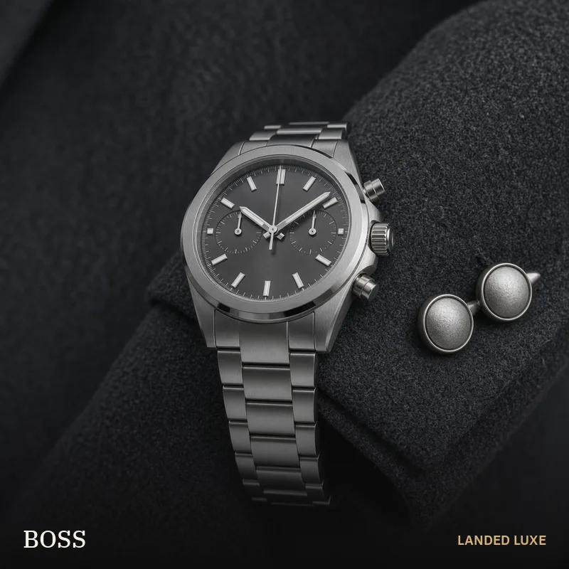 Illustrative scene for BOSS Distinct Men’s 46mm Grey Chronograph Watch 1513858 – not the actual product