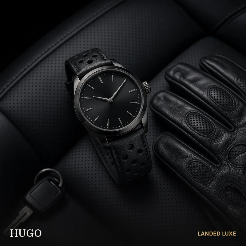 Illustrative scene for HUGO #FAST Men’s 44mm Multifunction Watch, Black Leather – not the actual product