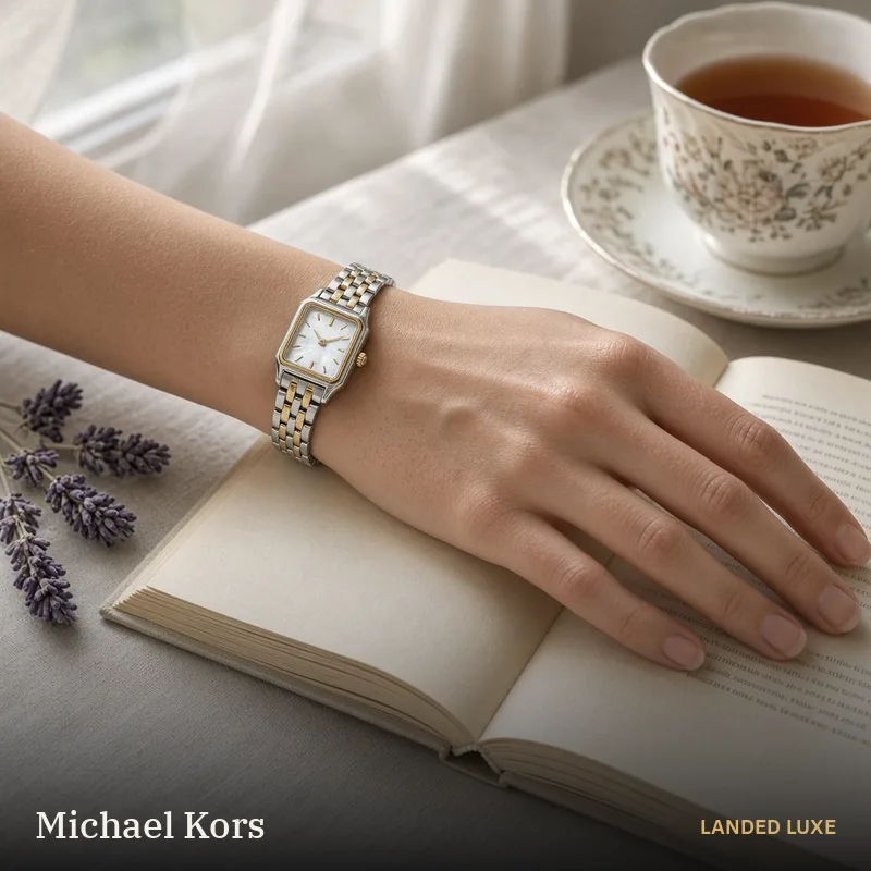 Illustrative scene for Michael Kors Emery Women’s 22mm Two-Tone Watch MK4882, Mother-of-Pearl Dial – not the actual product