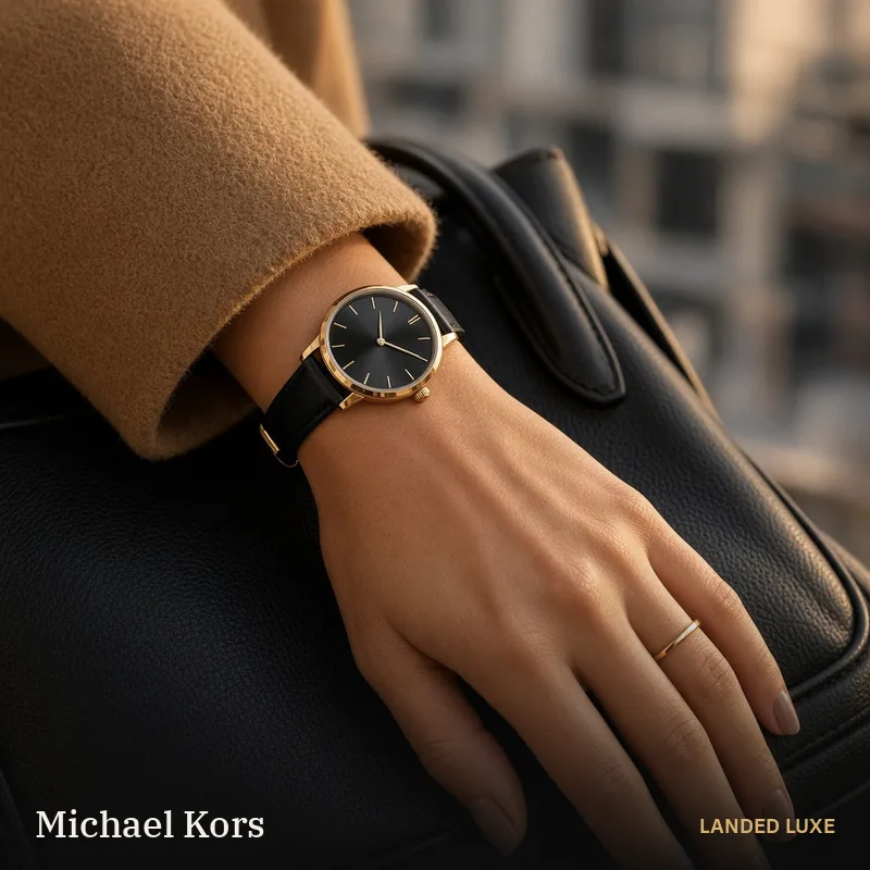 Illustrative scene for Michael Kors Slim Runway Women’s 38mm Gold-Tone Leather Watch MK7553 – not the actual product