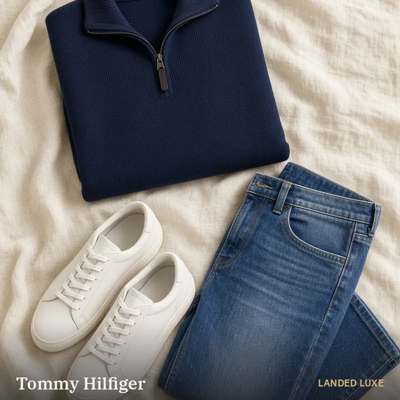 Illustrative scene for Tommy Hilfiger Men’s Essential Terry Quarter-Zip Sweatshirt – not the actual product