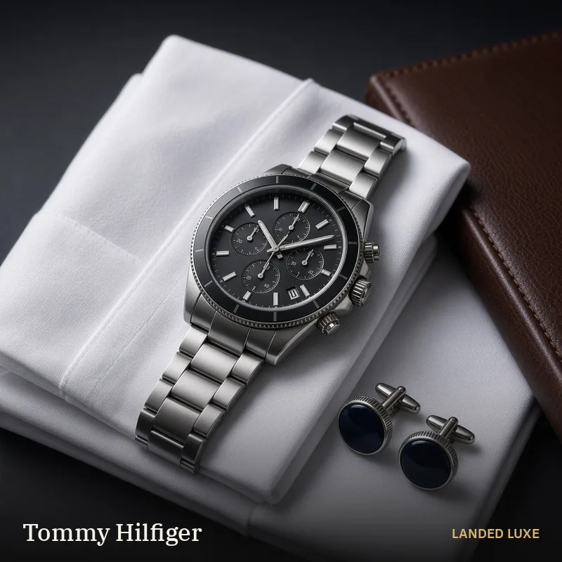 Illustrative scene for Tommy Hilfiger Men’s 44mm Multifunction Watch 1791835, Black Dial, Steel Bracelet – not the actual product